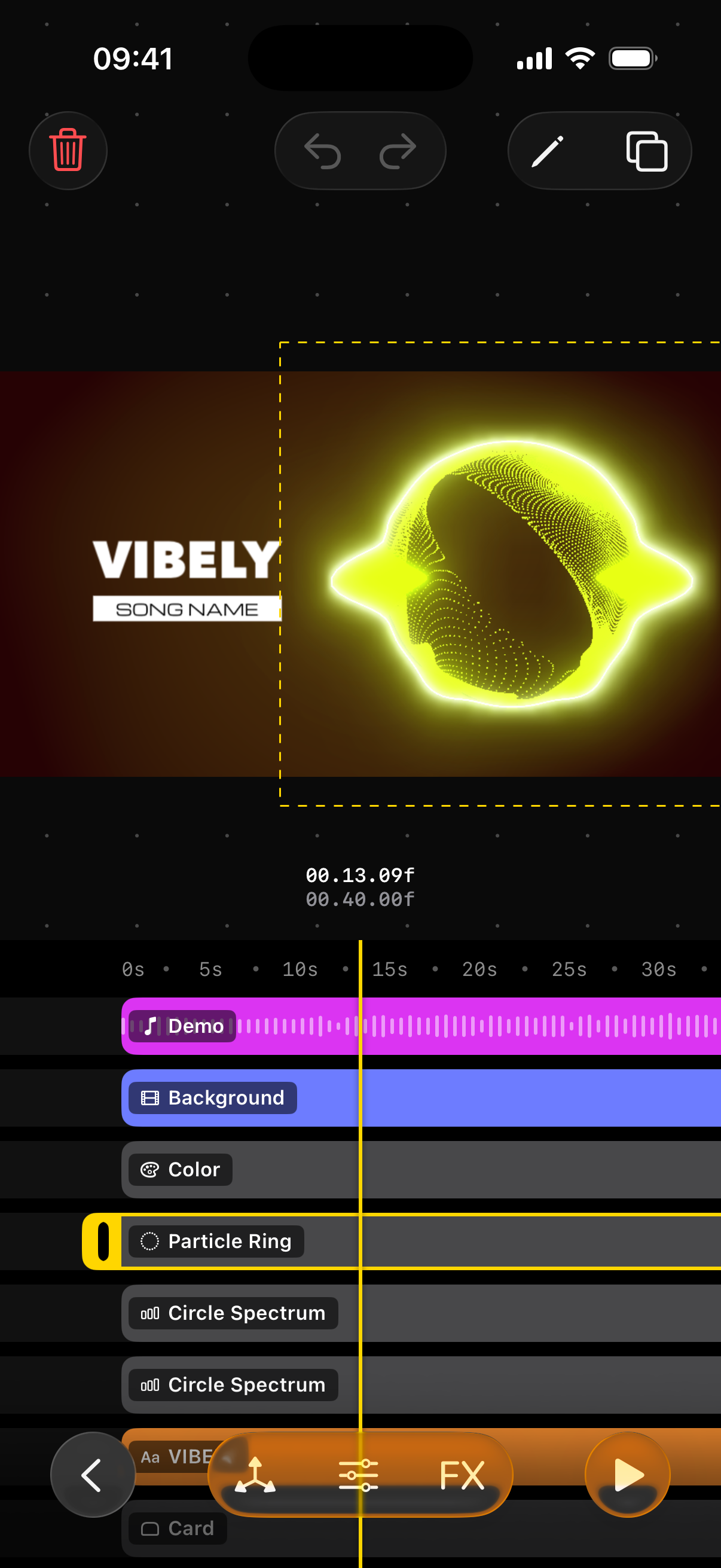 The editor with the Particle Ring layer selected: Delete, Undo and Redo, Rename and Duplicate at the top, the layer's box on the preview, and Back, Placement, Settings, Effects and Play at the bottom