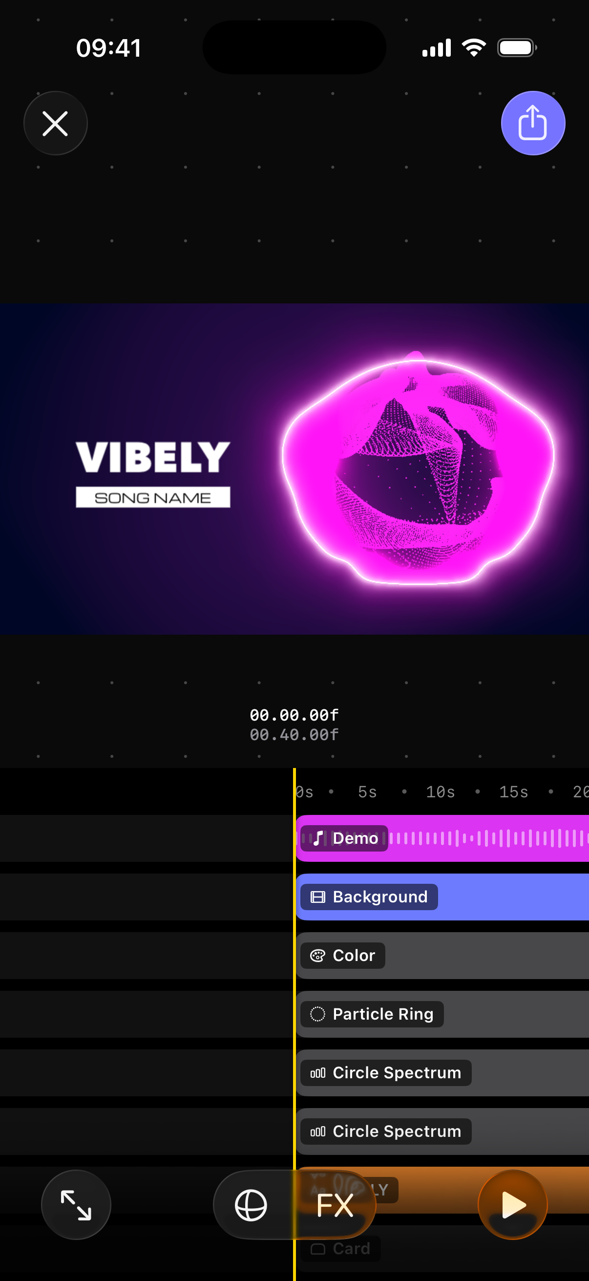 The editor with nothing selected: Close and Export Settings at the top, the preview, the current time, the timeline, and Full-Screen Preview, Camera, Effects and Play at the bottom