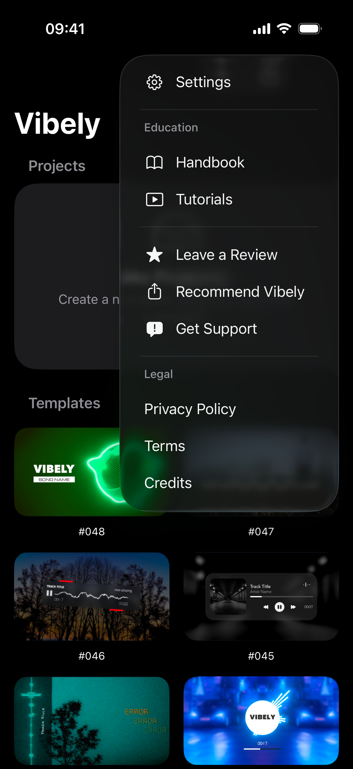 The menu, with Handbook and Tutorials under Education