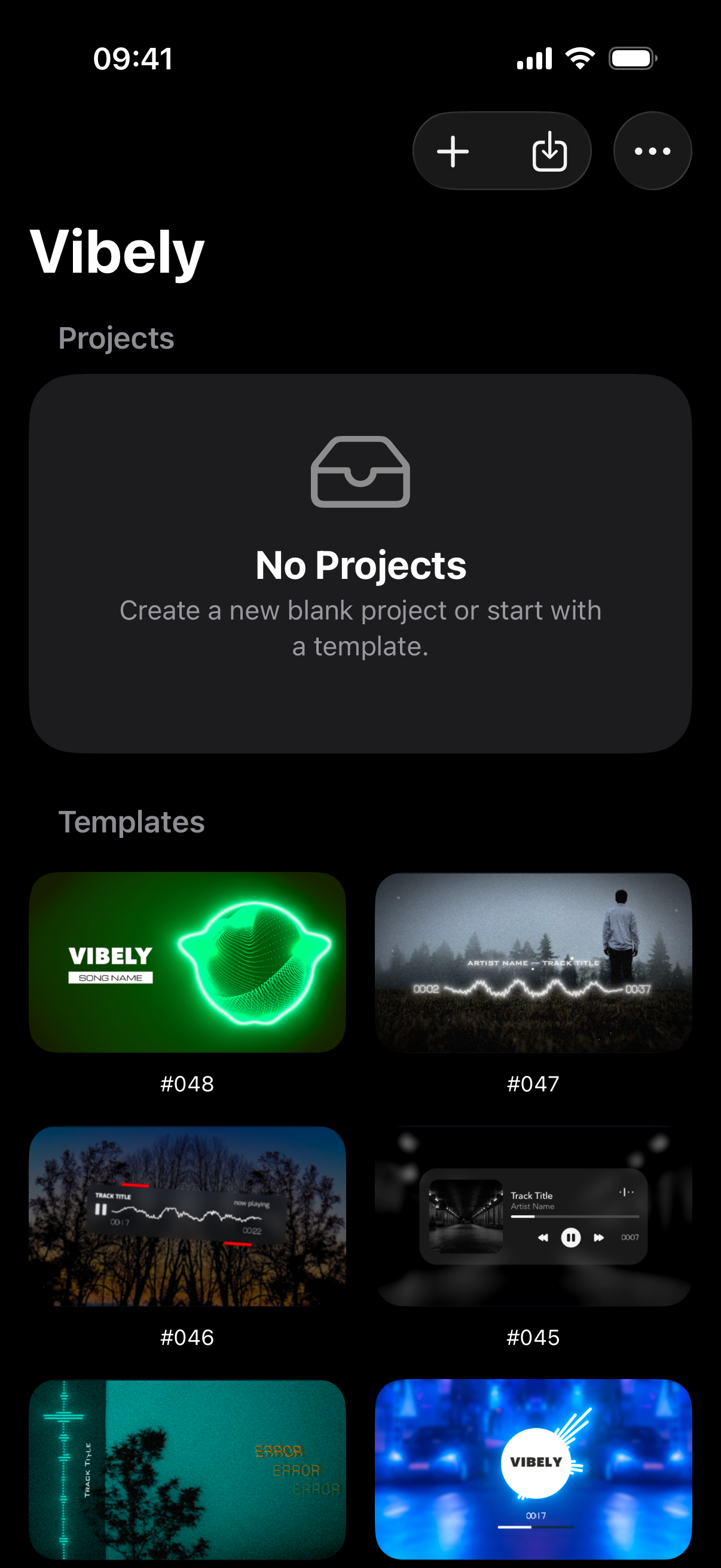The Projects screen with the templates