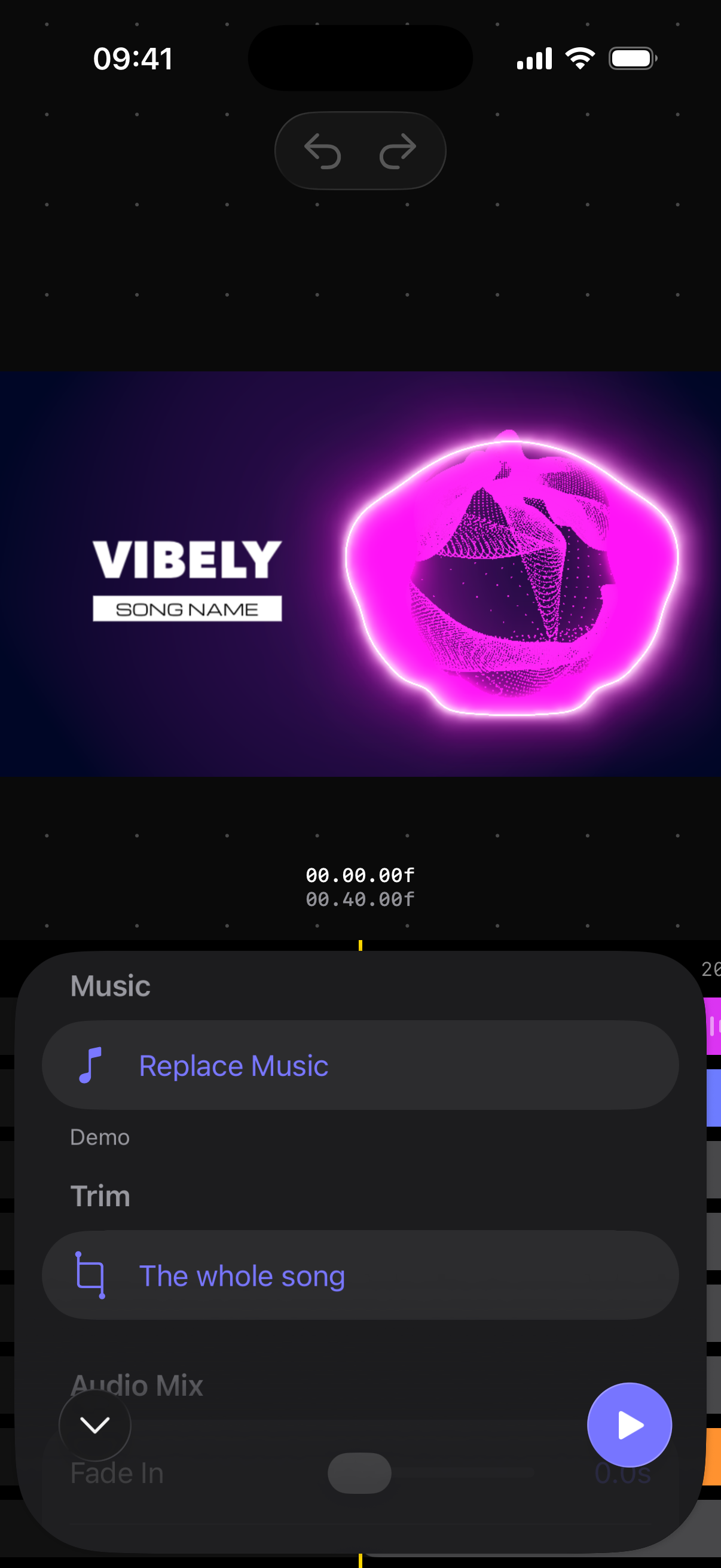 The Music panel with Replace Music, Trim and Audio Mix