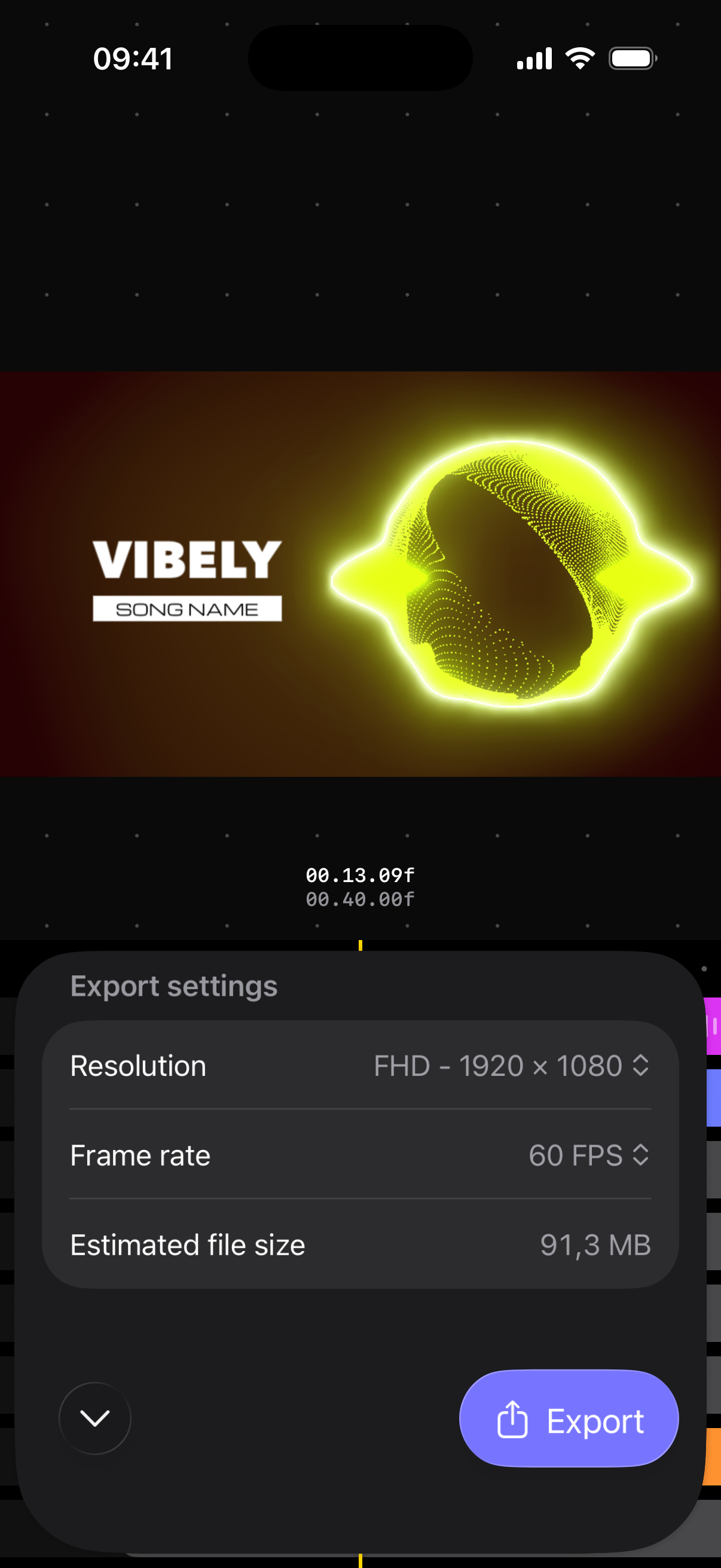 The export settings: Resolution, Frame rate, Estimated file size and Export