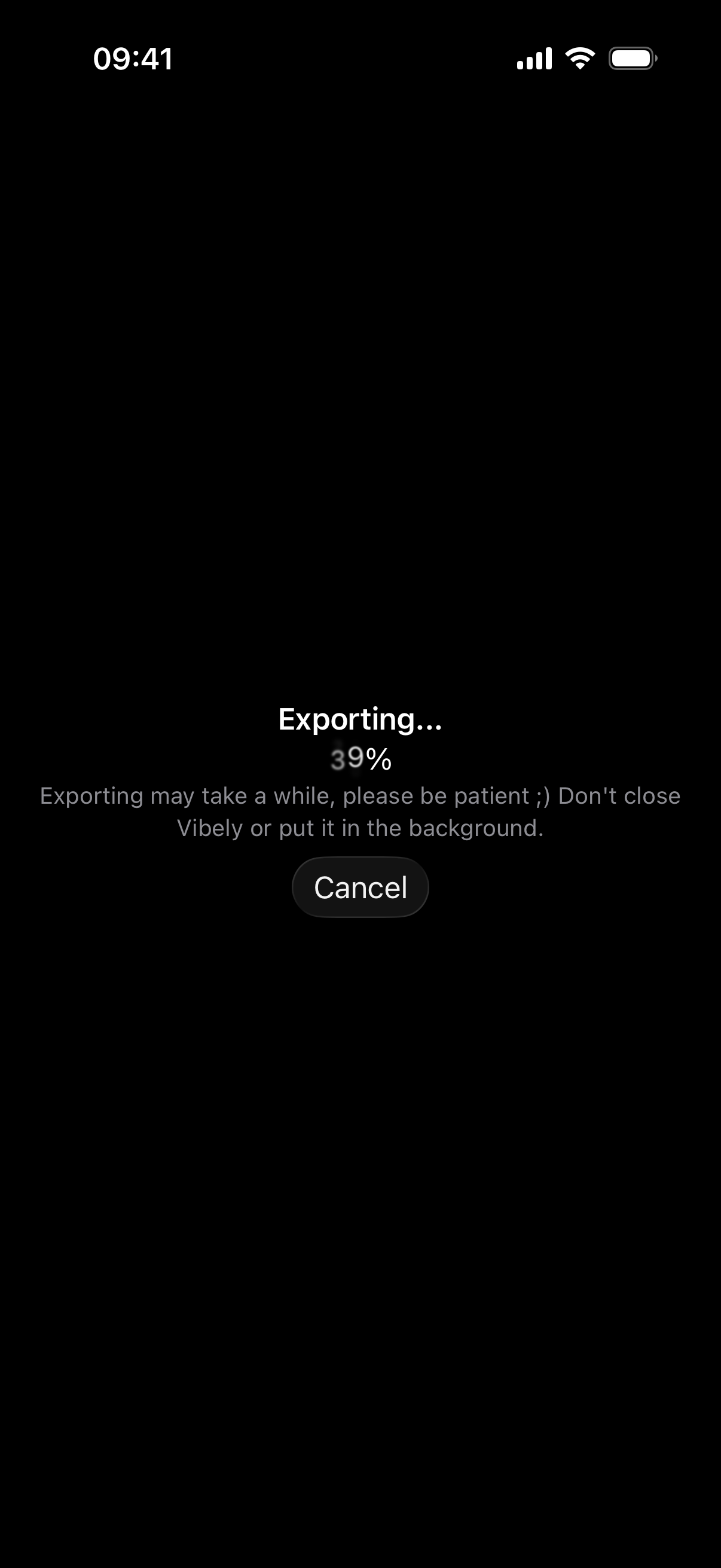 Exporting, with the percentage done and a Cancel button